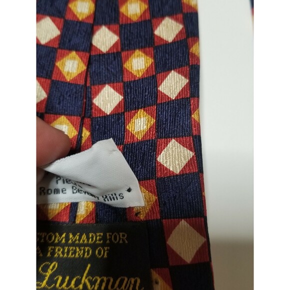 Valentino 100% Silk Mens Tie Necktie Blue Gold Red Geometric Squares Diamonds - Picture 6 of 6